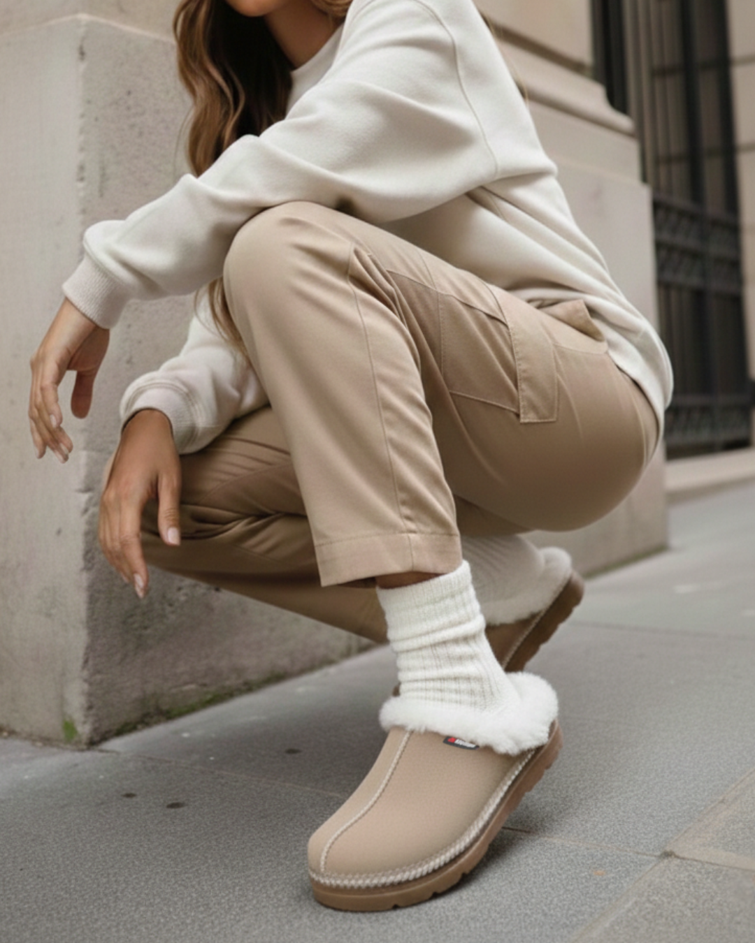 Person wearing a white outfit with beige pants and shoes, sitting on a city street.